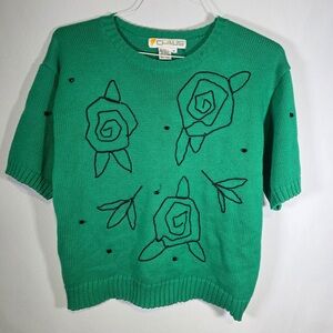 Chaus Vintage Green Floral Knit Short-Sleeve Sweater Size Medium